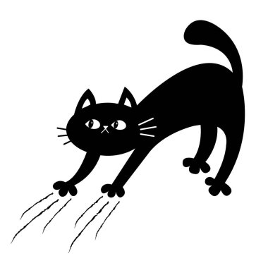 Kedi kemer geri. Yavru kedi tırmalamak. Parça çizik. Doodle kroki. Siyah kontur siluet. Şirin komik çizgi film karakteri. Cadılar Bayramınız Kutlu Olsun. Etiket Yazdırma. Beyaz arka plan düz tasarım