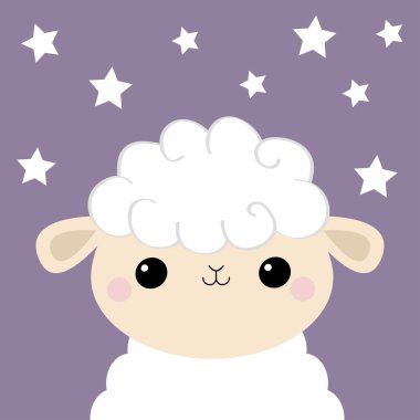 Koyun kuzu yüz baş simgesi. Şekli bulut. Komik bebek karakter gülümseyen sevimli çizgi kawaii. Çocuk odası dekorasyon. Tatlı rüyalar. Düz tasarım. Gökyüzü yıldızlarla Menekşe arka plan.