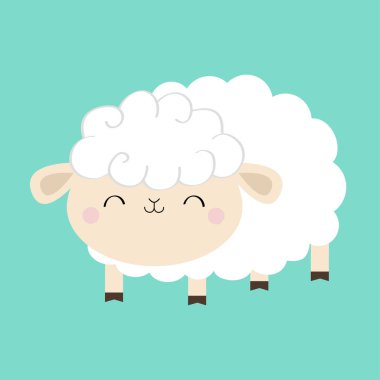 Koyun kuzu simgesi. Uyuyan gözler. Şekli bulut. Komik bebek karakter gülümseyen sevimli çizgi kawaii. Çocuk odası dekorasyon. Tatlı rüyalar. Düz tasarım. Mavi arka plan. İzole.