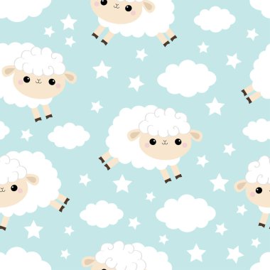 Seamless modeli. Gökyüzünde bulut yıldız. Atlama koyun. Komik bebek karakter gülümseyen sevimli çizgi kawaii. Paket kağıdı, tekstil baskı. Çocuk odası dekorasyon. Mavi arka plan. Düz tasarım.