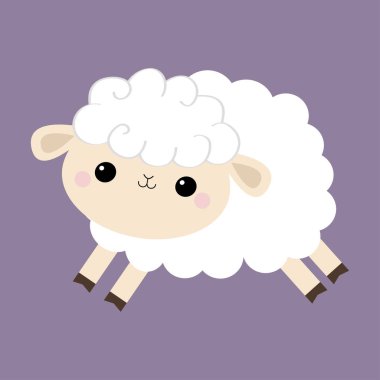 Koyun kuzu simgesi. Şekli bulut. Hayvan atlama. Komik bebek karakter gülümseyen sevimli çizgi kawaii. Çocuk odası dekorasyon. Tatlı rüyalar. Düz tasarım. Menekşe arka plan. İzole.