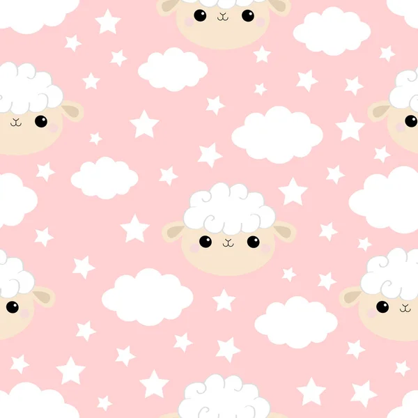 Patrón sin costuras. Nube estrella en el cielo. Icono de cabeza de oveja. Lindo personaje de dibujos animados kawaii divertido bebé sonriente. Papel de envolver, impresión textil. Decoración de vivero. Fondo rosa. Diseño plano . — Vector de stock
