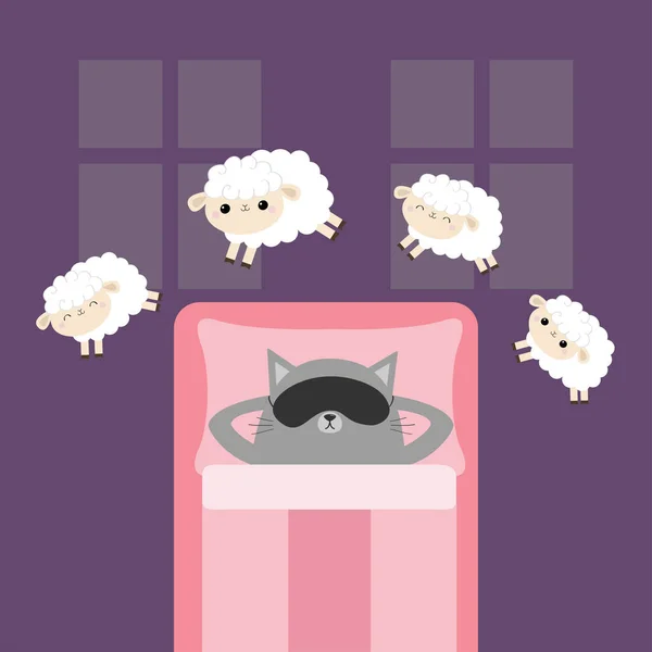 Η γάτα στον ύπνο μάσκα. Άλμα πρόβατα. Επίκλιση ύπνου πρόκειται να έννοια κρεβατιών. Μετρώντας πρόβατα. Χαριτωμένα κινούμενα σχέδια ζώων σύνολο μωρό kawaii. Κάλυμμα μαξιλαριού δωμάτιο δύο παράθυρα. Επίπεδη σχεδίαση. Μοβ φόντο. — Διανυσματικό Αρχείο