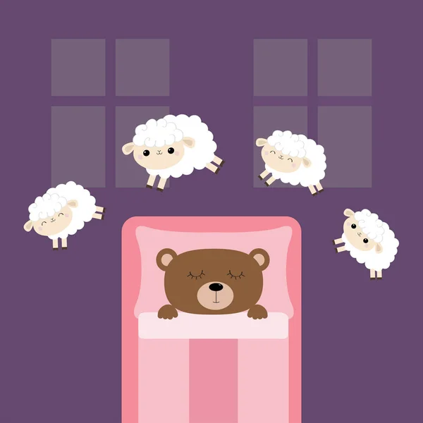 Oso durmiente. Ovejas saltando. No puedo dormir yendo a la cama concepto. Contando ovejas. Lindo juego de dibujos animados kawaii bebé animal. Almohada manta habitación dos ventanas. Diseño plano. Fondo violeta. Aislado . — Archivo Imágenes Vectoriales