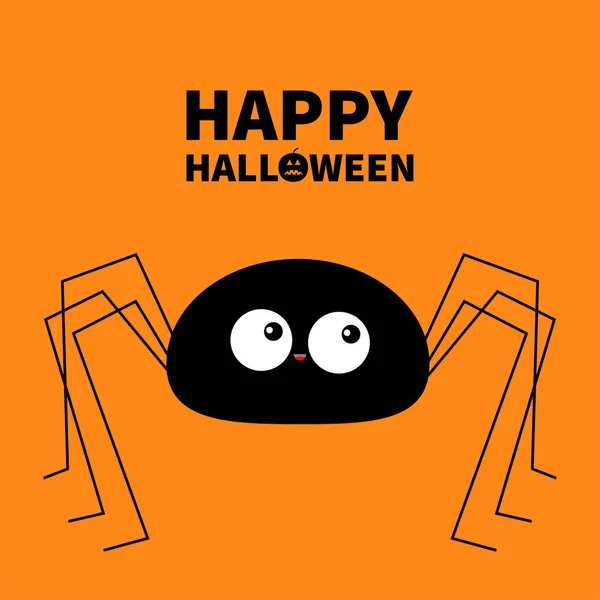 Feliz Halloween. Silueta de araña negra. Patas largas. Un insecto gracioso. Grandes ojos. Lindo personaje de dibujos animados bebé kawaii. Diseño de material plano. Calabaza. Fondo naranja. Aislado . — Archivo Imágenes Vectoriales