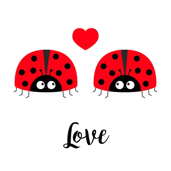 İki kırmızı Bayan hata uğur böceği simge kümesi ile çift kalpler. Sevgi tebrik kartı. Sevgililer günün kutlu olsun. Sevimli çizgi kawaii komik bebek karakter. Düz tasarım. Beyaz arka plan. — Stok Vektör