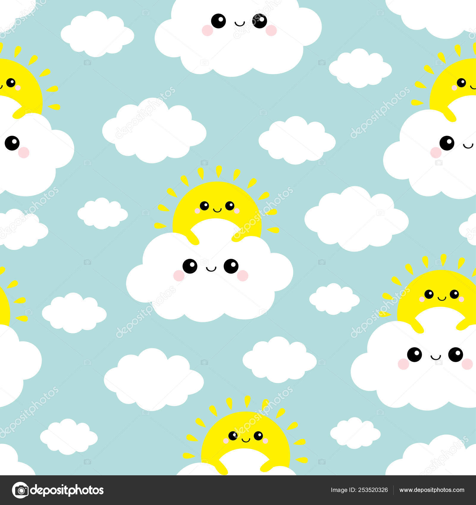 Modele Sans Couture Soleil Tenant Le Nuage Dans Le Ciel Mignon Dessin Anime Kawaii Drole Sourire