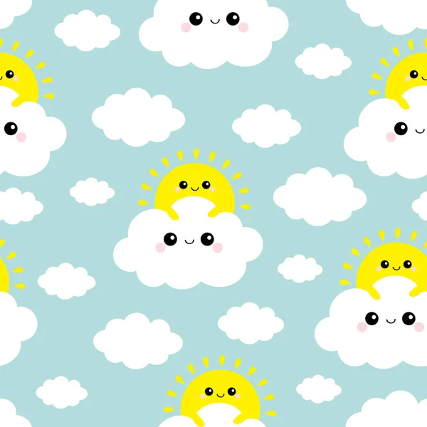 Padrão sem costura. Sol a segurar nuvens no céu. Bonito desenho animado kawaii engraçado sorrindo conjunto de caracteres do bebê. Papel de embrulho, modelo de impressão têxtil. Decoração de berçário. Fundo azul. Projeto plano . —  Vetores de Stock