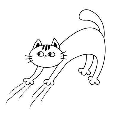 Kedi kemer geri. Yavru kedi tırmalamak. Parça çizik. Doodle doğrusal kroki. Siyah kontur siluet. Şirin komik çizgi film karakteri. Cadılar Bayramınız Kutlu Olsun. Etiket Yazdırma. Beyaz arka plan düz tasarım