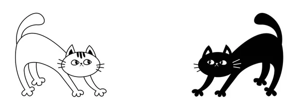 Dos arcos de gato asustados atrás. Conjunto de gatitos. Esbozo lineal de Doodle. Silueta de contorno negro. Lindo personaje divertido de dibujos animados kawaii. Feliz Halloween. Huella adhesiva. Fondo blanco. Diseño plano . — Vector de stock