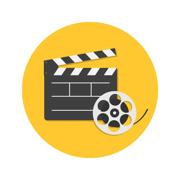 Conjunto de carrete de película de tablero de aplausos abierto grande. Icono redondo de cine. Estilo de diseño plano. Fondo amarillo. Aislado . — Vector de stock