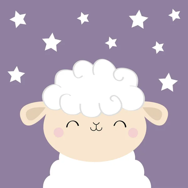 Schaap-lam slapen gezicht hoofd pictogram. De vorm van de wolk. Schattige cartoon kawaii grappig lachende baby teken. Kinderkamer decoratie. Droom lekker. Platte ontwerp. Violette achtergrond met sterren aan de hemel. — Stockvector