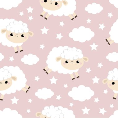 Seamless modeli. Gökyüzünde bulut yıldız. Atlama koyun. Komik bebek karakter gülümseyen sevimli çizgi kawaii. Paket kağıdı, tekstil baskı. Çocuk odası dekorasyon. Menekşe arka plan. Düz tasarım.