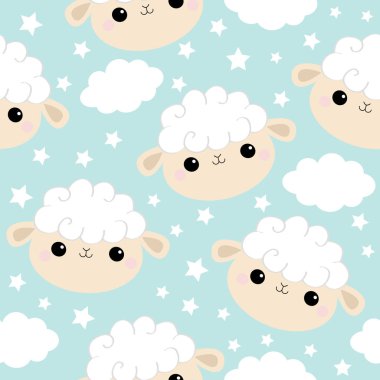 Seamless modeli. Koyun yüz baş simgesi. Gökyüzünde bulut yıldız. Komik bebek karakter gülümseyen sevimli çizgi kawaii. Paket kağıdı, tekstil baskı. Çocuk odası dekorasyon. Mavi arka plan. Düz tasarım.