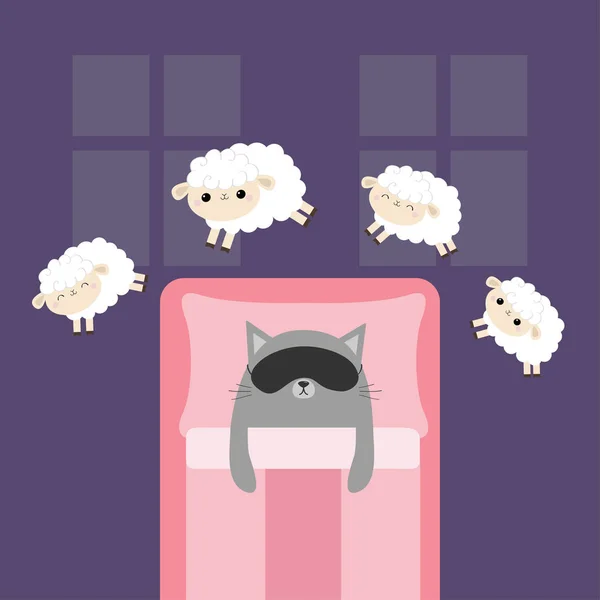跳羊。戴着睡眠面具的猫睡不着睡觉的概念。数羊。可爱的卡通片 kawaii 婴儿动物套装。毯子枕头室两扇窗户。扁平设计。紫罗兰背景. — 图库矢量图片