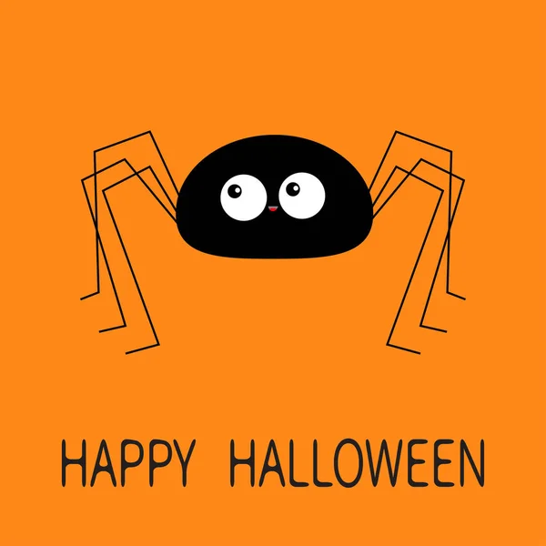 Glad halloween. Svart spindel siluett. Långa tassar. Funny insekt. Stora ögon. Söta tecknade kawaii baby karaktär. Platt materialdesign. Orange bakgrund. Isolerade. — Stock vektor