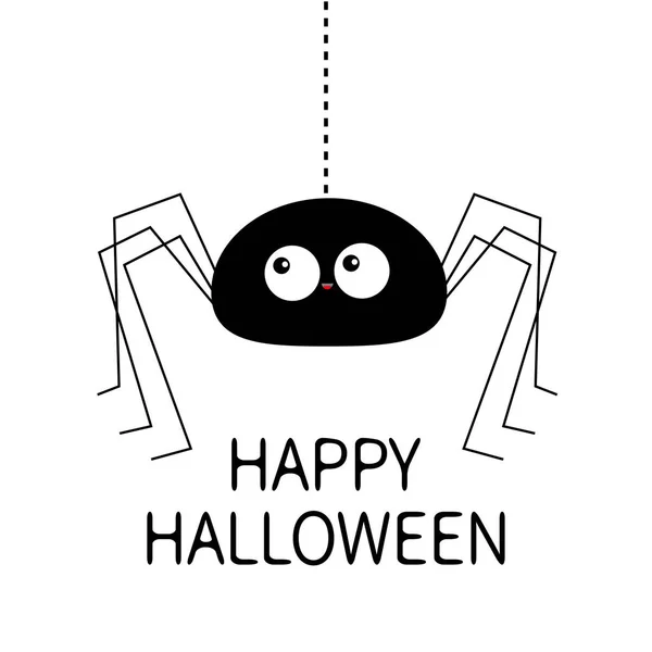 Feliz Halloween. Silueta de araña negra colgando de la tela de la línea de guiones. Patas largas. Un insecto gracioso. Grandes ojos. Lindo personaje de dibujos animados bebé. Diseño de material plano. Fondo blanco. Aislado . — Vector de stock