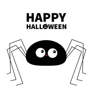 Cadılar Bayramınız Kutlu Olsun. Siyah örümcek siluet. Uzun pençeleri. Komik böcek. Büyük gözler. Sevimli çizgi kawaii bebek karakter. Düz malzeme tasarım. Balkabağı. Beyaz arka plan. İzole.