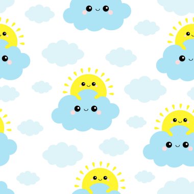 Güneş gökyüzünde mavi bulut holding. Seamless modeli. Komik bebek karakter gülümseyen sevimli çizgi kawaii ayarlayın. Kağıt ambalaj, tekstil baskı şablonu. Çocuk odası dekorasyon. Beyaz arka plan. Düz tasarım.