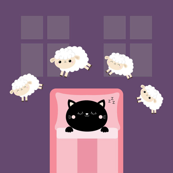 Black cat sleeping. Jumping sheeps. Cant sleep going to bed concept. Counting sheep. Cute cartoon kawaii baby animal set. Blanket pillow room two windows. Flat design. Violet background.
