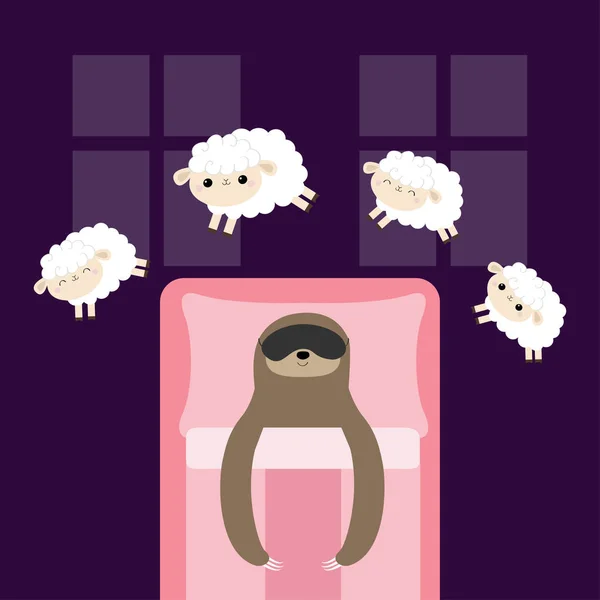 Νωθρότητα στον ύπνο μάσκα. Άλμα πρόβατα. Επίκλιση ύπνου πρόκειται να έννοια κρεβατιών. Μετρώντας πρόβατα. Χαριτωμένα κινούμενα σχέδια ζώων σύνολο τεμπέλης μωρό kawaii. Κάλυμμα μαξιλαριού δωμάτιο δύο παράθυρα. Επίπεδη σχεδίαση μοβ φόντο — Διανυσματικό Αρχείο