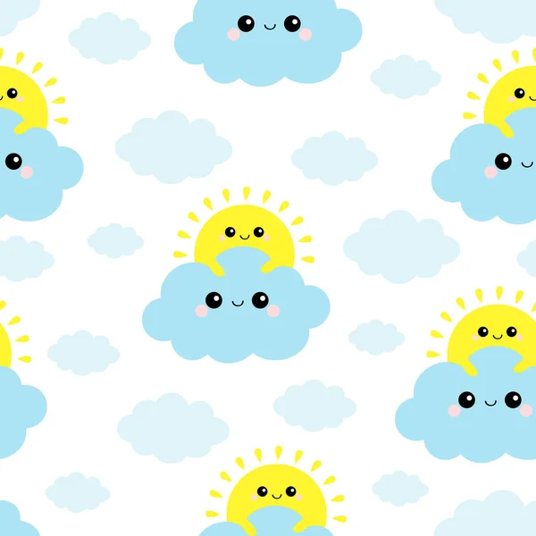 Słońce trzyma niebieski chmury na niebie. Jednolity wzór. Kawaii kreskówka śmieszne uśmiechający się znak dziecka zestaw. Papier pakowy, drukowania wyrobów włókienniczych szablonu. Przedszkole dekoracje. Białe tło. Płaska konstrukcja. — Wektor stockowy