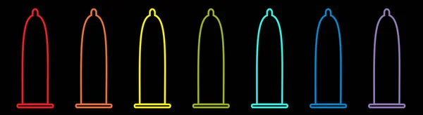 Condoom regenboog pictogram set lijn. Bescherming. Zwarte achtergrond. Platte ontwerp. — Stockvector