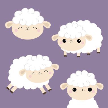 Koyun kuzu yüz baş simge seti. Şekli bulut. Hayvan atlama. Komik bebek karakter gülümseyen sevimli çizgi kawaii. Çocuk odası dekorasyon. Tatlı rüyalar. Düz tasarım. Menekşe arka plan.