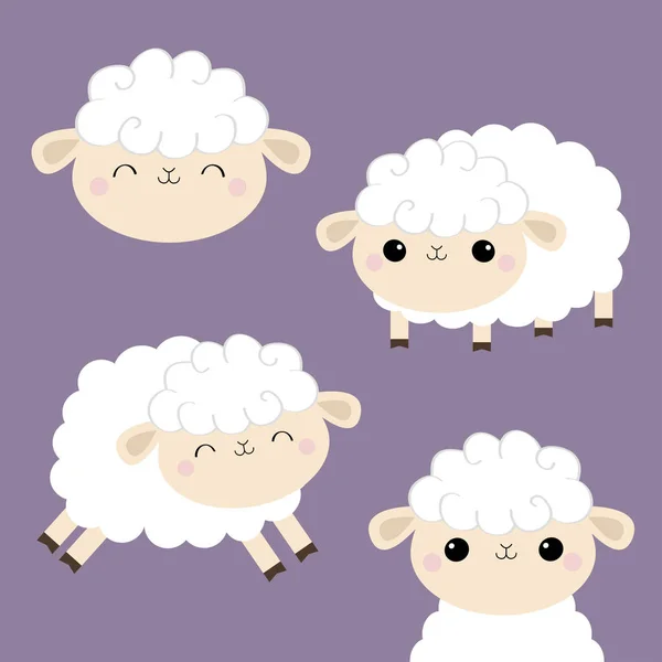 Sheep lamb face head icon set. Cloud shape. Jumping animal. Cute cartoon kawaii funny smiling baby character. Nursery decoration. Sweet dreams. Flat design. Violet background. — Stock Vector