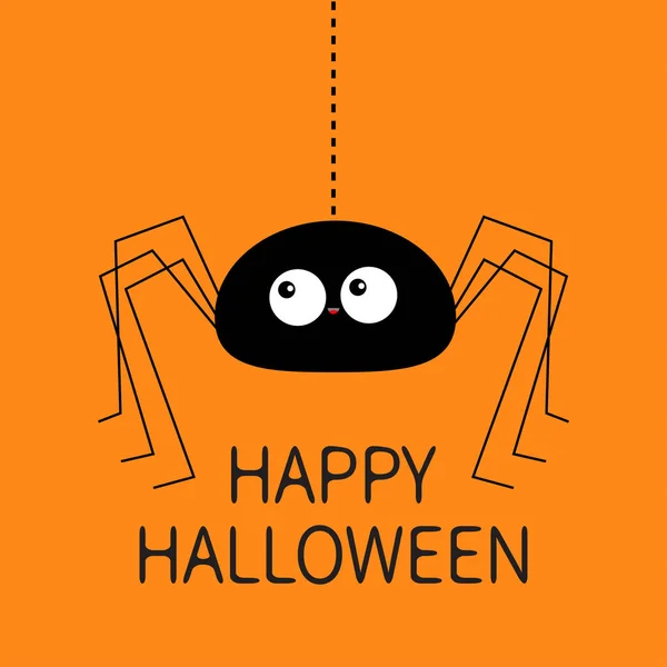 Счастливого Хэллоуина. Силуэт черного паука висит на паутине. Длинные лапы. Забавное насекомое. Большие глаза. Симпатичный мультяшный персонаж. Конструкция плоского материала. Оранжевый Isolated . — стоковый вектор
