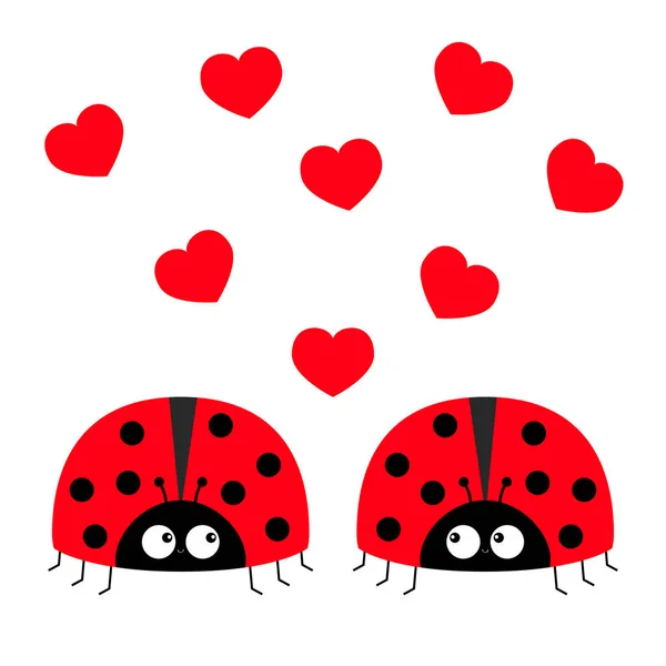 Twee rode lady bug lieveheersbeestje pictogram set paar met hart. Happy Valentines Day. Schattig kawaii grappige baby stripfiguur. De kaart van de groet van de liefde. Platte ontwerp. Witte achtergrond. — Stockvector