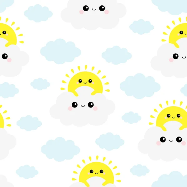 Sol sosteniendo la nube en el cielo. Patrón sin costuras. Lindo dibujo animado kawaii divertido bebé sonriente juego de personajes. Decoración de vivero. Papel de envolver, plantilla de impresión textil. Fondo blanco. Diseño plano . — Vector de stock