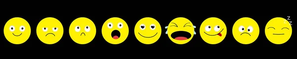 Emoji значок встановити лінію. Смайликів. Смішні персонажі Каваї мультфільму. Емоції колекції. Щаслива, здивована, усміхнене плакати сумно злий голова особи. Плоский дизайн чорний фон. Ізольовані. — стоковий вектор