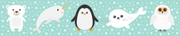 北極極性動物セットライン。白いクマ、フクロウ、ペンギン、シール pup 赤ちゃんハープ、ナッティイッカク、ユニコーン-魚。キッズ教育カード。青い雪の背景。孤立した平らな設計 — ストックベクタ