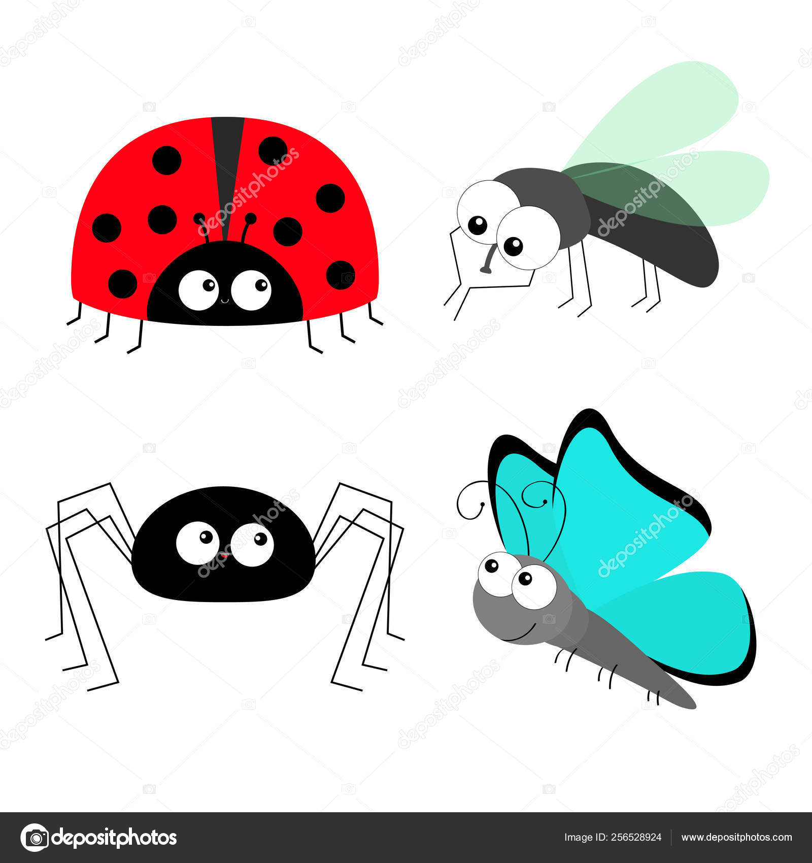 夫人虫瓢虫飞家蝇蜘蛛蝴蝶昆虫图标设置。婴儿用品收藏。五颜六色的翅膀。可爱的卡通卡瓦伊有趣的人物。笑脸。扁平设计。白色背景.  图库矢量图©worldofvector 256528924, image size:1600x1700