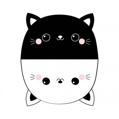 Siyah beyaz kedi seti. Kafa yüz hattı kontur siluet yuvarlak simgesi. Pembe allık yanakları. Komik Kawaii gülümseyen hayvan. Sevimli karikatür komik karakter. Pet koleksiyonu. Düz tasarım bebek arka plan.