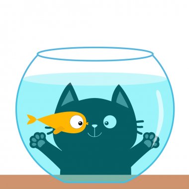 Kedi akvaryum cam bakarak. Altın balıklarla oynuyor. Büyük gözler. Yüzme balığı. Paw baskı el. Sevimli karikatür Kawaii komik bebek karakter. Düz tasarım. Beyaz arka plan.