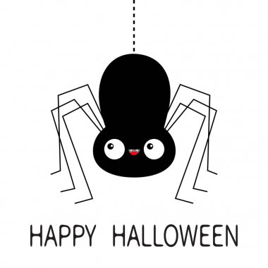 Cadılar Bayramınız Kutlu Olsun. Siyah örümcek silueti. Asılı çizgi çizgi Web. Sevimli karikatür Kawaii bebek karakter. Uzun pençeleri var. Komik böcek. Büyük gözler. Dişi diş. Düz tasarım. Beyaz arka plan. Izole.