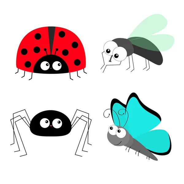 Lady bug ladybird Fly Housefly Spider Butterfly icon set. Детская коллекция. Красочные крылья. Симпатичный мультяшный персонаж. Улыбающееся лицо. Плоский дизайн. Белый фон . — стоковый вектор