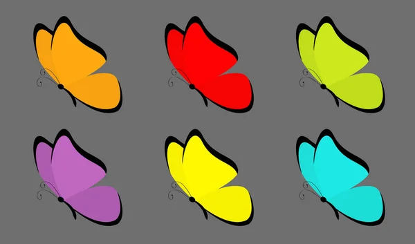 Butterfly icon set. Cute cartoon kawaii grappig karakter. Kleurrijke blauw rood geel groen oranje violet Wings. Vliegend insect silhouet. Platte ontwerp. Baby clip art. Zwarte achtergrond. Geïsoleerd — Stockvector