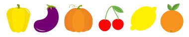 Meyve meyvesi sebze gıda simgesi set hattı. Biber, patlıcan, kabak kiraz, limon, turuncu. Sevimli karikatür Kawaii dekorasyon eleman. Düz tasarım. Beyaz arka plan.