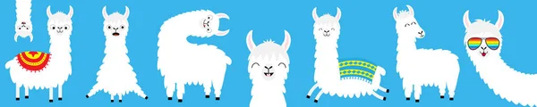 Llama alpaca big line set. Face glassess. Baby collection. Cute cartoon kawaii funny character. Fluffy hair fur. T-shirt, greeting card, poster template print. Flat design. Blue background. — Stock Vector