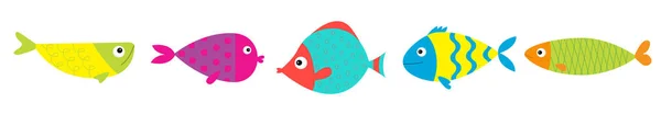 Cute cartoon fish icon set line. Baby kids collection. Aquarium sea ocean animals. White background. Isolated. Flat design. — Stock Vector