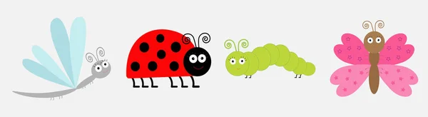 Insect icon set line. Ladybug, dragonfly, butterfly and caterpillar. Cute cartoon kawaii funny character. Flat design. White background. Isolated. — Stock Vector