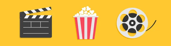 Açık Klaket board. Film makara Popcorn kutusu. Sinema simgesi set hattı. Düz tasarım tarzı. Sarı arka plan. Izole. — Stok Vektör