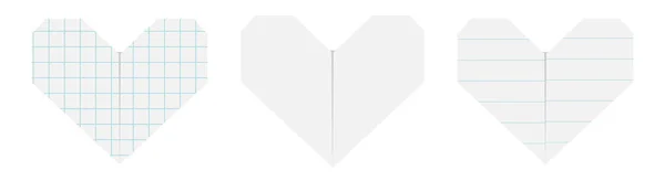 Glad Alla hjärtans dag tecken symbol. Antecknings bok fodrad fyrkant papper hjärta ikon uppsättning. Origami handgjorda hantverk vika. Linje cellens textur. Söt grafisk form. Platt design. Kärleks kort. Vit bakgrund. — Stock vektor