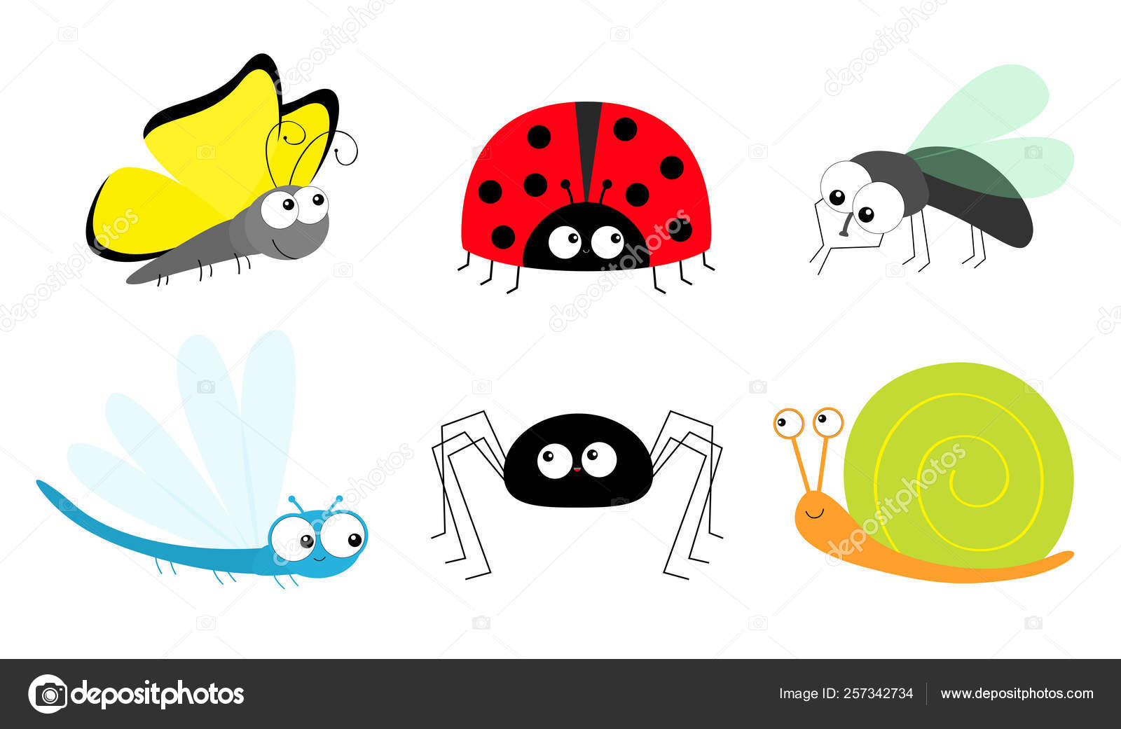 蝴蝶夫人臭虫瓢虫飞家蝇蜘蛛蜗牛蜻蜓昆虫图标设置。婴儿用品收藏。可爱的卡通卡瓦伊有趣的人物。笑脸。扁平设计。白色背景.  图库矢量图©worldofvector 257342734