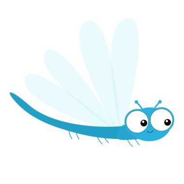 Dragonfly simgesi. Sevimli karikatür Kawaii komik karakter. Böcek izole edildi. Büyük gözler. Gülümseyen yüz. Düz tasarım. Bebek küçük resim. Beyaz arka plan.
