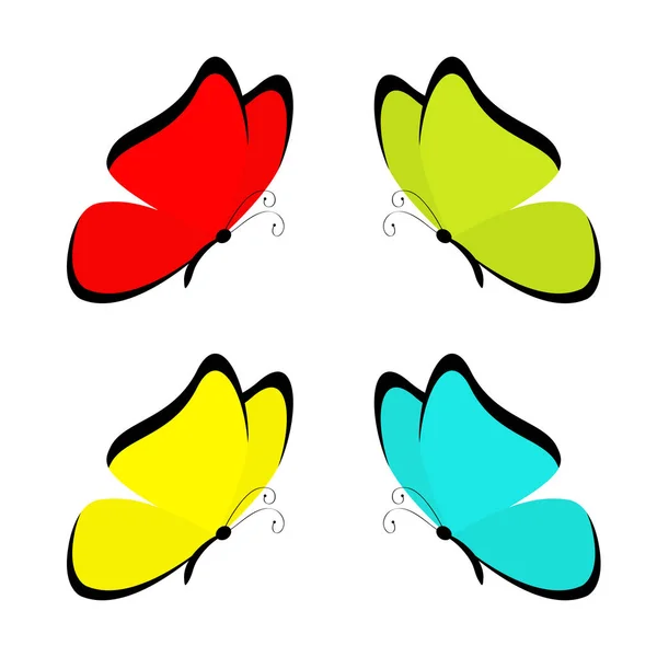 Set di icone a farfalla. Carino cartone animato kawaii personaggio divertente. Colorate ali blu rosso giallo verde. Silhouette di insetto volante. Design piatto. Clip art per bambini. Sfondo bianco. Isolato — Vettoriale Stock