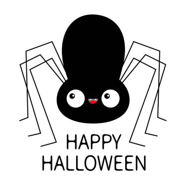 Siyah örümcek silueti. Sevimli karikatür kawaii bebek karakteri. Uzun pençeler. Komik böcek. Büyük gözler. Diş dişi. Cadılar Bayramınız Kutlu Olsun. Düz tasarım. Beyaz arka plan. Izole.